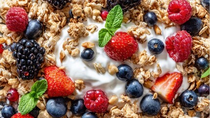 Fototapeta premium Healthy breakfast parfait topped with fresh berries and granola.