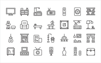 Living Room Essentials Line Icons – Furniture & Gadgets for Modern Media Spaces