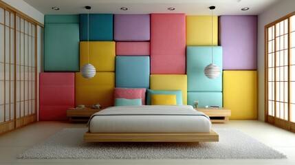 Modern Minimalist Bedroom with Colorful Geometric Wall Panels and Zen Lighting