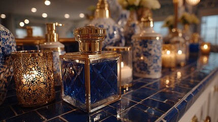 Luxurious Blue Perfume Bottle, Gold Accents, and Decorative Tiles