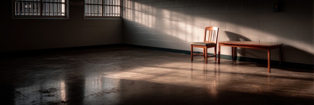Empty room with chair and table, sunlight casts shadows