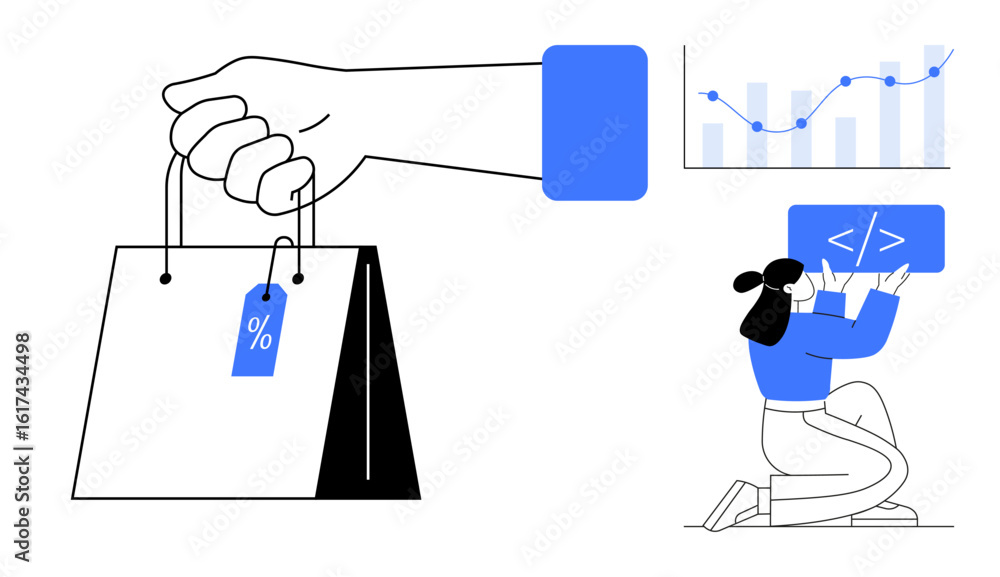 Poster hand holding bag with discount tag, woman working with code, and upward data graph. ideal for e-comm