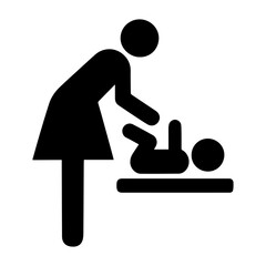 Baby changing station icon with caregiver figure tending infant on wall-mounted table on transparent background	