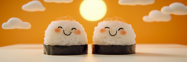 Two adorable kawaii-style sushi characters made of white rice and black avocado, with eyes like pink fish roe, smiling warmly at each other against a backdrop of mountain-shaped nori seaweed,