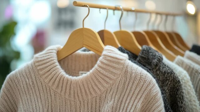 Scarf neck sweaters on wooden hangers for sale at a store. Variety of colors and textures.