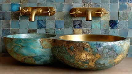Luxurious Double Sink with Gold Accents and Teal Mosaic Tile Backdrop