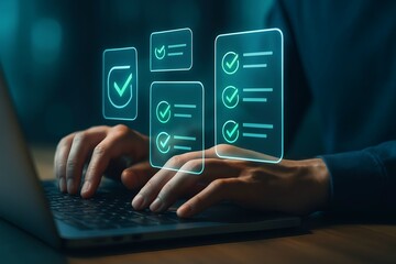 Hand pushing a digital button on a touchscreen interface