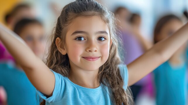 Girl smiling, arms outstretched, classroom, dance class background, education