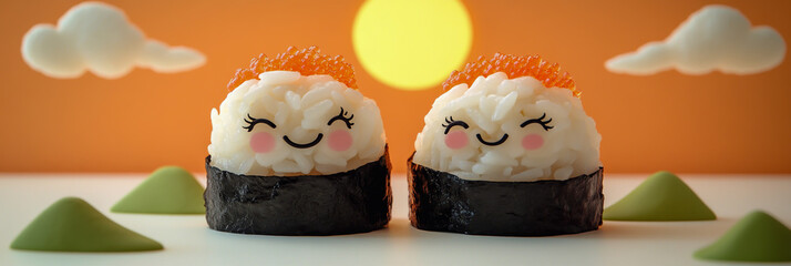 Two adorable kawaii-style sushi characters made of white rice and black avocado, with eyes like pink fish roe, smiling warmly at each other against a backdrop of mountain-shaped nori seaweed,