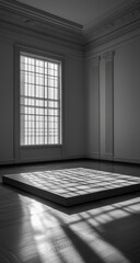 The black-and-white image shows an empty, minimalist room where square windows create distinct light patterns on the floor, creating sharp, geometric shadows.
