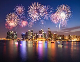 Fireworks over a city skyline at night (2)
