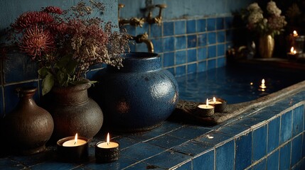 Candlelit Serenity: Rustic Vases and Dried Flowers by a Blue Tiled Bath