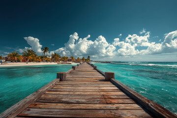 Obraz premium Long wooden pier stretching into turquoise waters toward palm-lined beach