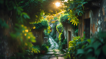 Serene bokeh effect photography capturing the tranquil essence of a rustic village.