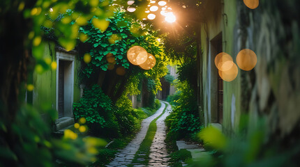 Serene bokeh effect photography capturing the tranquil essence of a rustic village.