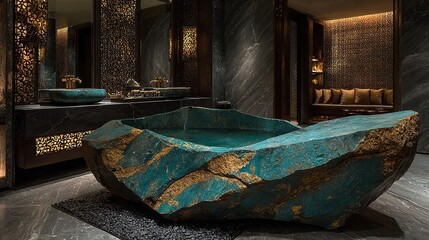 Luxurious Teal and Gold Stone Bathtub in Modern Spa Bathroom