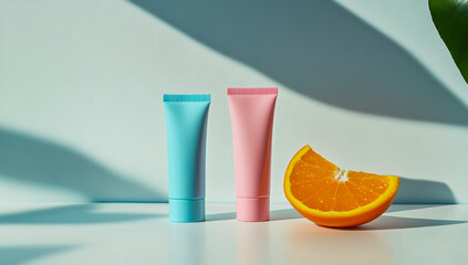 Vibrant mockup featuring two skincare products - a tube and a bottle with a pink cap - on a white table.