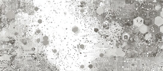 Abstract grayscale pattern with hexagons and splatters
