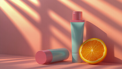 Vibrant mockup featuring two skincare products - a tube and a bottle with a pink cap - on a white table.