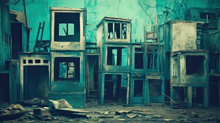 A collection of dilapidated, weathered buildings.