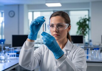 
A focused female scientist in a modern lab carefully examining a test tube, symbolizing meticulous research, discovery, and innovation in science, medicine, and technology