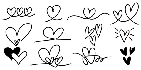 set of hand drawn heart doodles featuring various romantic and minimalist designs.