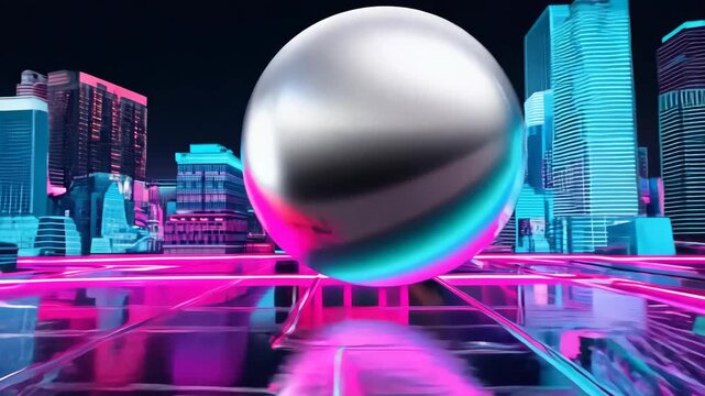 Looping synthwave animation of glowing neon landscape with 80s cyber-futuristic style
