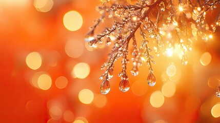Sparkling frost-covered branch against a warm, out-of-focus background.