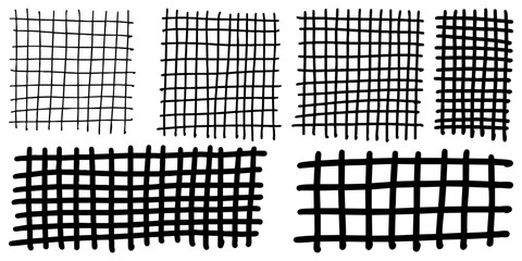 collection of hand drawn grid patterns with varying thickness and distortion. This abstract crosshatch texture set is ideal for backgrounds, textiles, graphic design elements, or artistic overlays.
