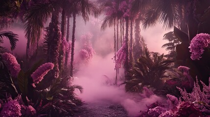 A vibrant, mystical jungle path shrouded in fog.