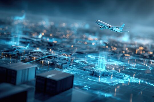 Futuristic city map with airplanes and data overlays