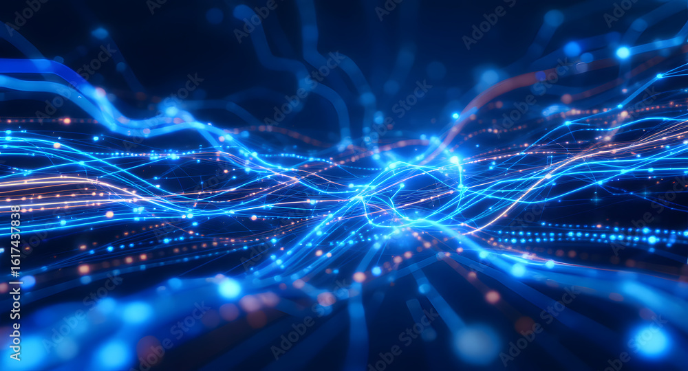 Aufkleber abstract digital network: glowing blue data lines & particles flowing in a futuristic information st