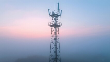 Cellular Signal Tower in Morning Fog with Pink and Blue Sky