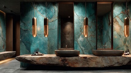 Modern Luxury Bathroom: Teal Marble Walls, Raw Stone Countertop, and Warm Pendant Lights