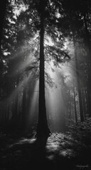 Obraz premium Sunlight filtering through a misty forest