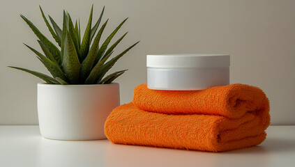 White plastic jars filled with cream, along with folded orange towels and a small green plant, all arranged on a clean white background - a minimalist skincare arrangement.