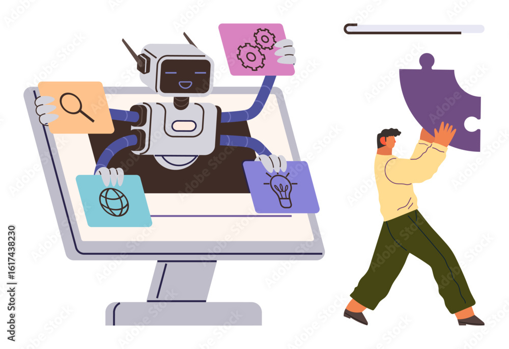 Poster robot with multiple arms holding icons for search, network, gears, and idea emerging from screen. ma