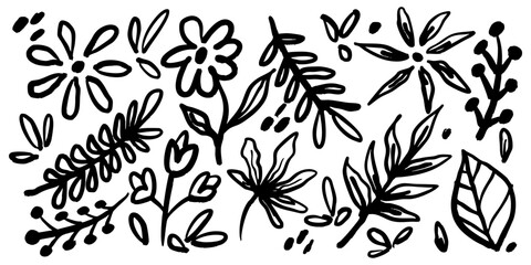 collection of hand drawn floral and leaf doodles in black and white. Includes whimsical flowers, leaves, and branches perfect for decorative design, coloring pages, or botanical themed illustrations.