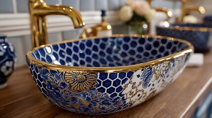 Ornate Blue and White Ceramic Vessel Sink with Golden Trim and Faucet on Wooden Vanity