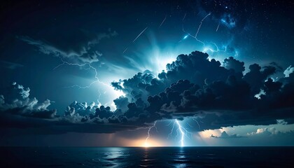 Dramatic lightning storm over dark ocean at sunset