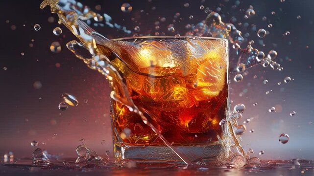 Ice Cubes Splash Into a Glass Filled With Rich Amber Liquid Generative AI