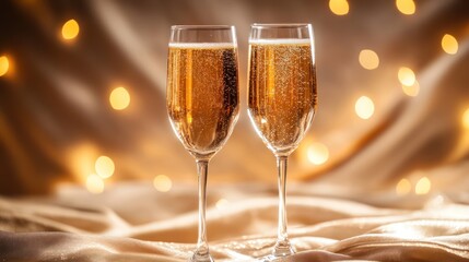 Sparkling champagne flutes, festive lights, fabric backdrop, celebration toast