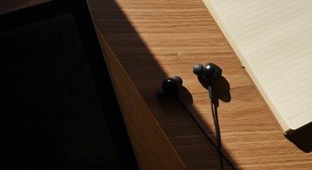 Workspace with tablet, earphones, and notebook on a wooden desk in natural sunlight
