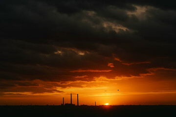 Fototapeta premium Silhouette of power lines against a vibrant sunset sky, casting an orange glow over the city landscape with distant windmills generating electricity as night approaches