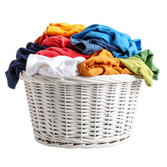 Colorful clothes overflowing from a white laundry basket on white background.