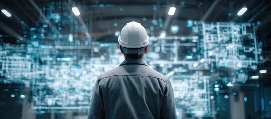 Factory worker observing holographic blueprint
