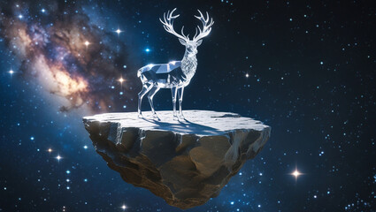 Crystal deer in space galaxy nebula stars floating island fantasy animal celestial cosmic ethereal scene