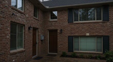 Obraz premium Brick House Exterior with Wooden Doors and Black Shutters in Residential Neighborhood