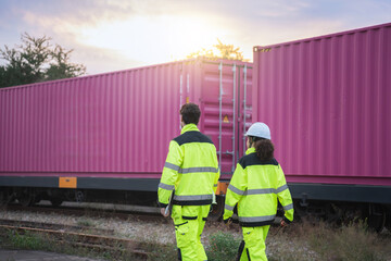 Workers in High-Visibility Gear at a Freight Yard, Railroad Engineers or Logistics Workers on Site, Industrial Safety Team Inspecting Train Tracks