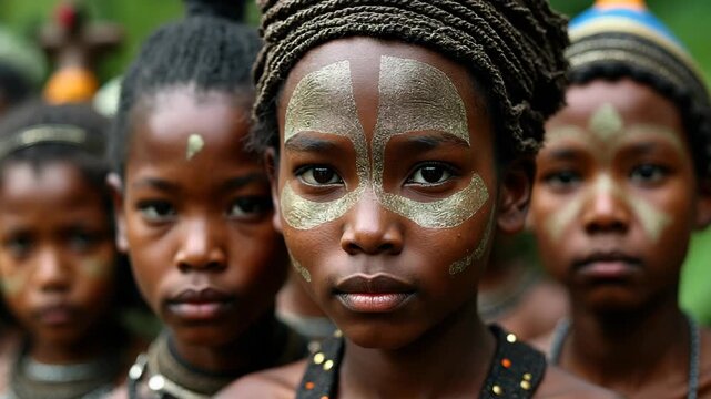 Vibrant depiction of women in traditional African attire, showcasing intricate hairstyles and beadwork at a cultural ceremony, celebrating heritage and unity.